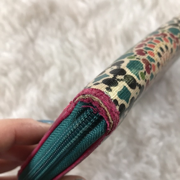 FOSSIL zip around coated canvas wallet teal pink - Picture 11 of 14